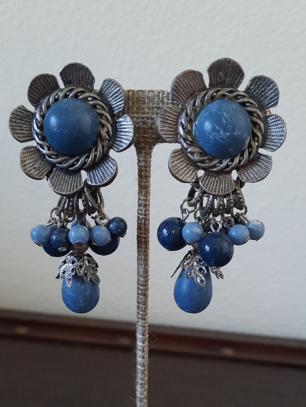 Vintage-Style Blue Floral Drop Earrings - Clip-on